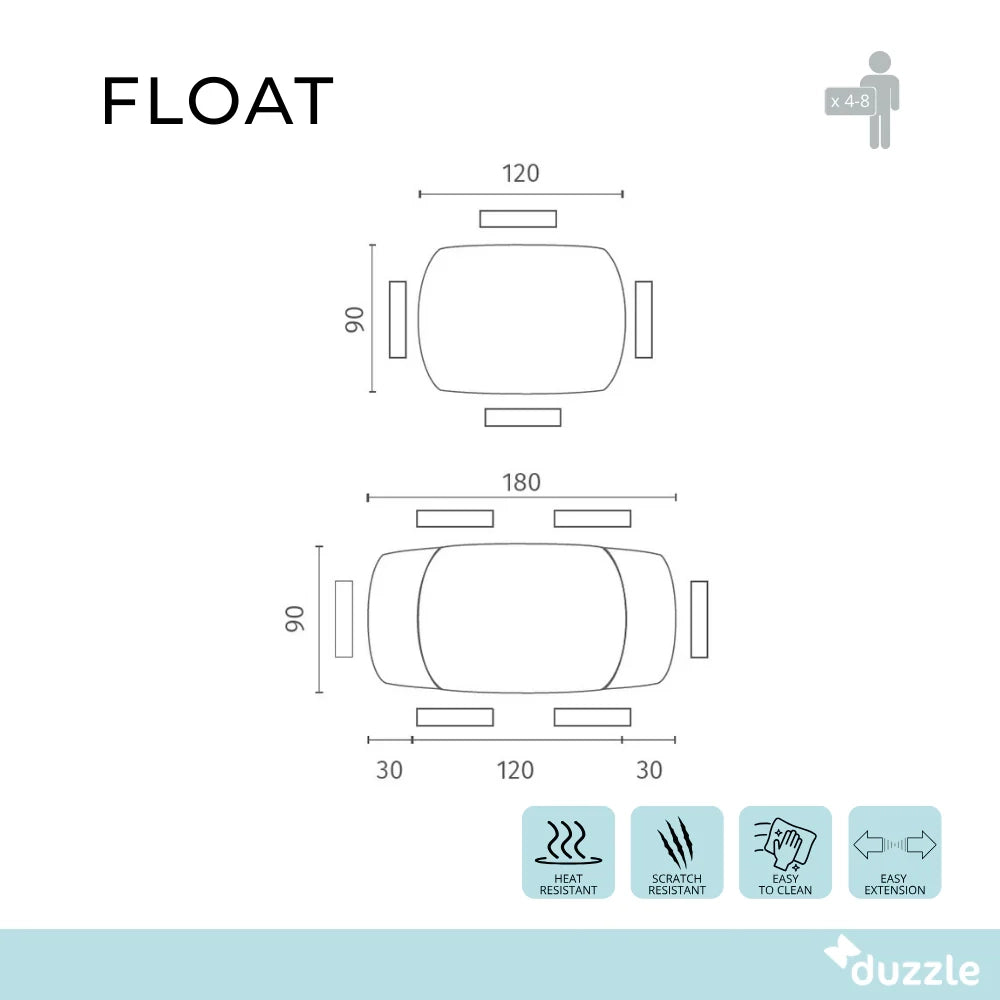 Tavolo da pranzo allungabile in vetro temperato grigio Float 120-180x90 cm fino a 8 posti | Duzzle