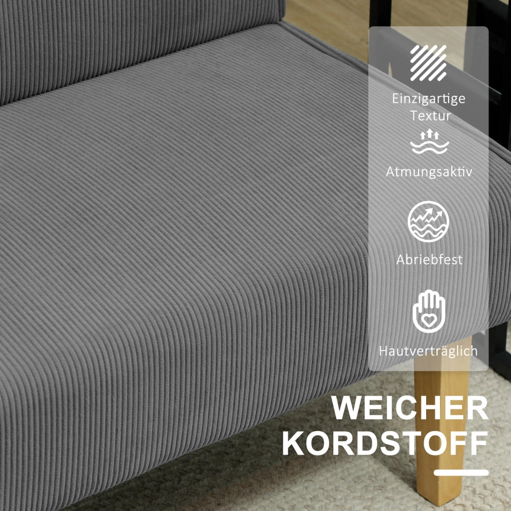 Divano 2 posti in velluto a coste grigio con gambe in legno, 110 x 62 x 85 cm
