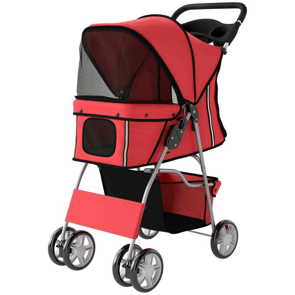 Passeggino per Cani Pieghevole con Catarifrangenti, Ruote Girevoli, Freni e Cuscino Lavabile, Rosso