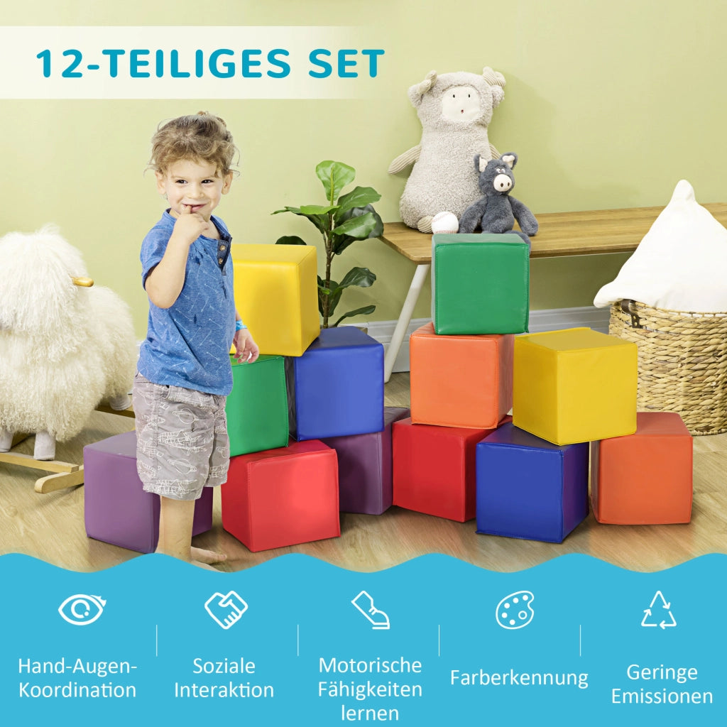 Set 12 Blocchi da Costruzione Morbidi in Schiuma per Bambini 1-3 Anni Rosso e Giallo, Gioco di Coordinazione ed Equilibrio