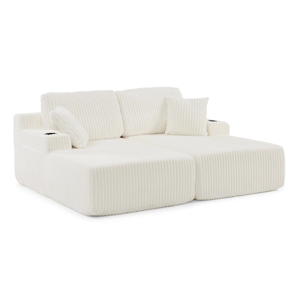 Divano letto 2 posti - con tasca laterale e portabevande - in tessuto a coste beige