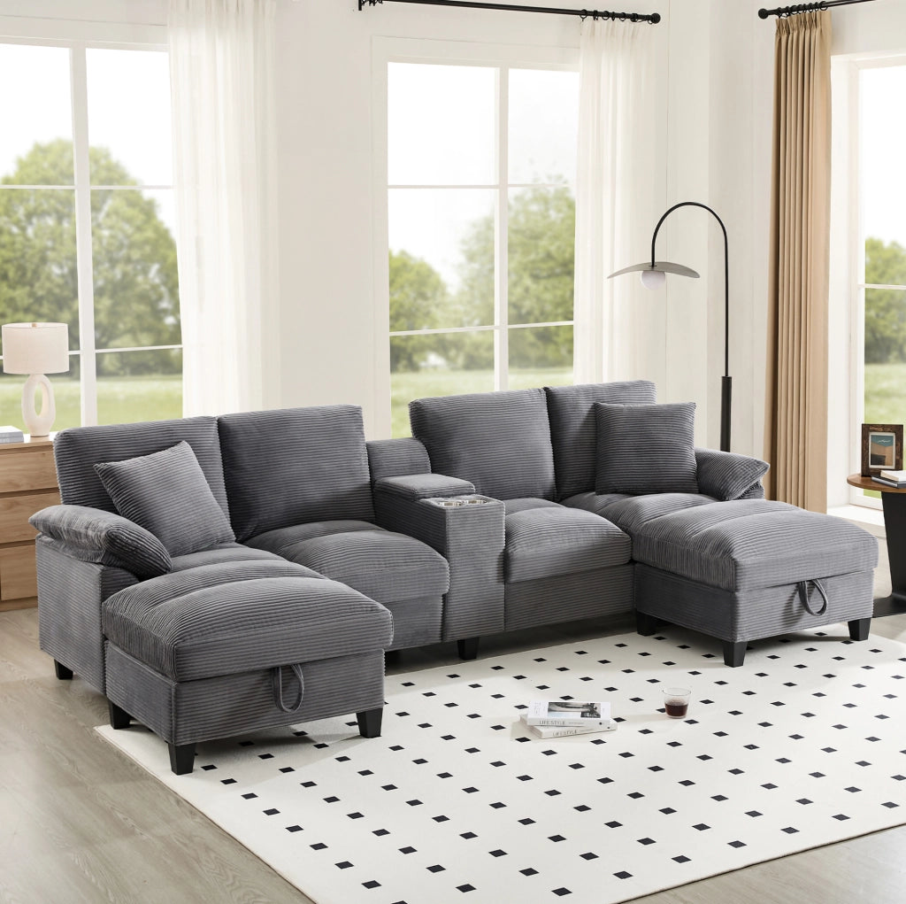 Divano modulare a U 4-5 posti 293x142x93 cm in velluto a coste grigio con contenitore; USB e portabicchieri HOMVRA