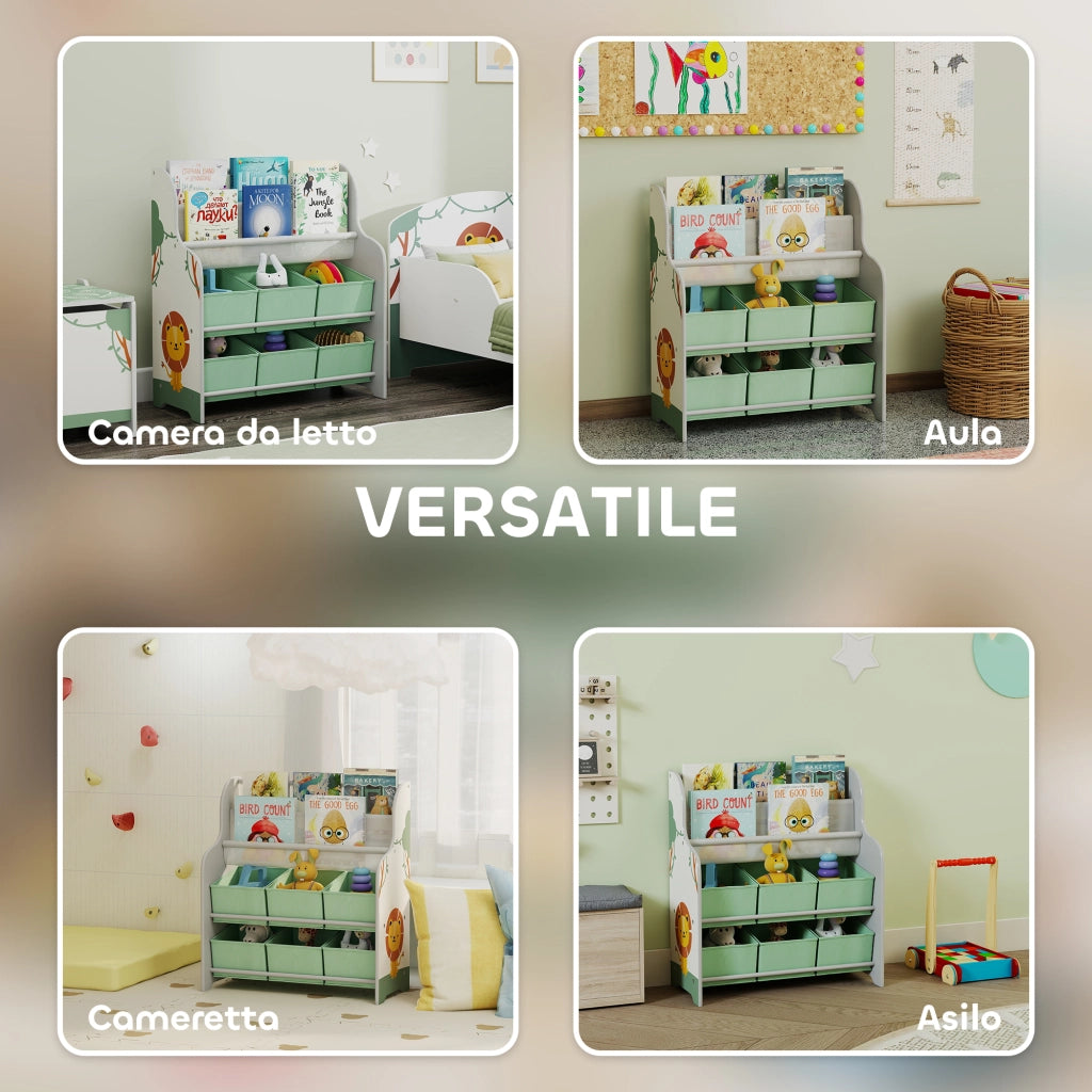 Scaffale Portagiochi per Bambini 63x30x71 cm con 6 Cassetti in Tessuto e Libreria a 2 Livelli in Legno e Acciaio Verde