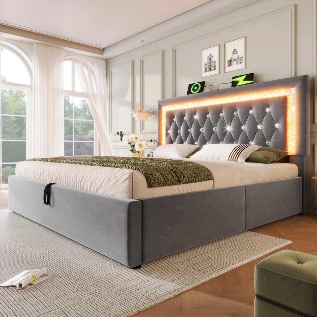Letto matrimoniale 160 × 200 cm 2 posti con contenitore idraulico; LED; USB e porta Type-C; senza materasso; grigio