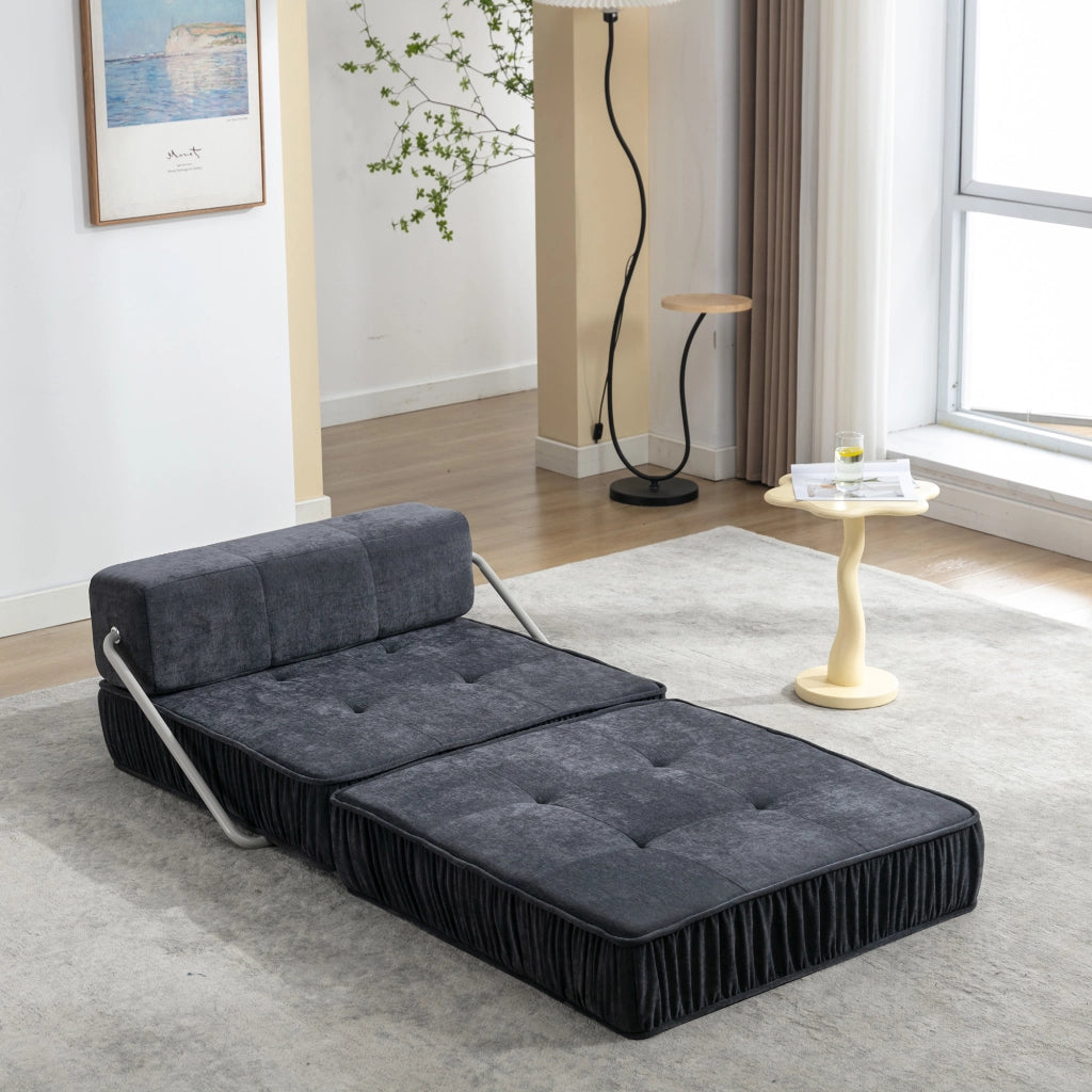 Divano letto modulare in ciniglia grigio con elementi componibili convertibile in poltrona divano a 2 posti e chaise longue