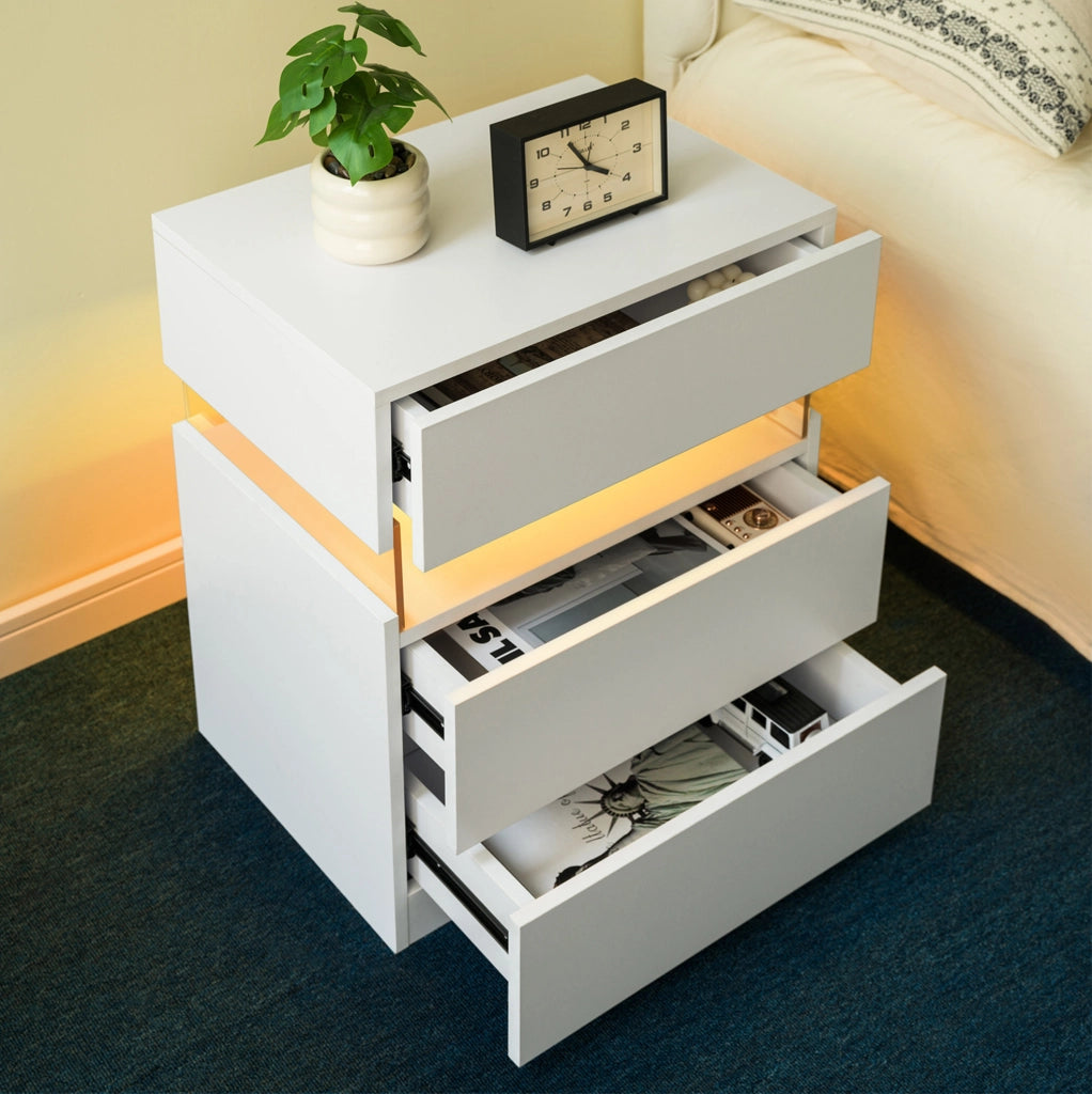 Comodino LED bianco con 3 cassetti e pannello acrilico