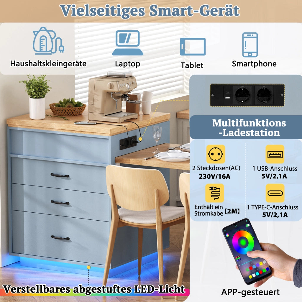 Tavolo allungabile per cucina con ripiani cassetti LED USB e Type-C blu 125.5 × 71 × 93 cm