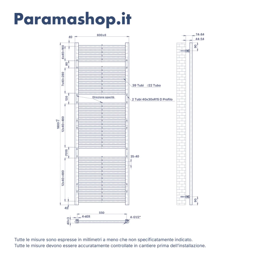 Termoarredo idraulico 1800x600 oro spazzolato interasse 550 | Polaris