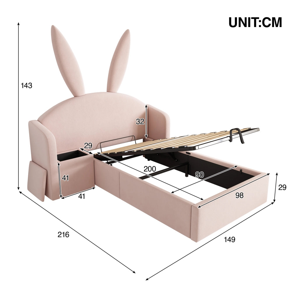 Letto imbottito per bambini 90x200 cm in velluto rosa con contenitore e comodino