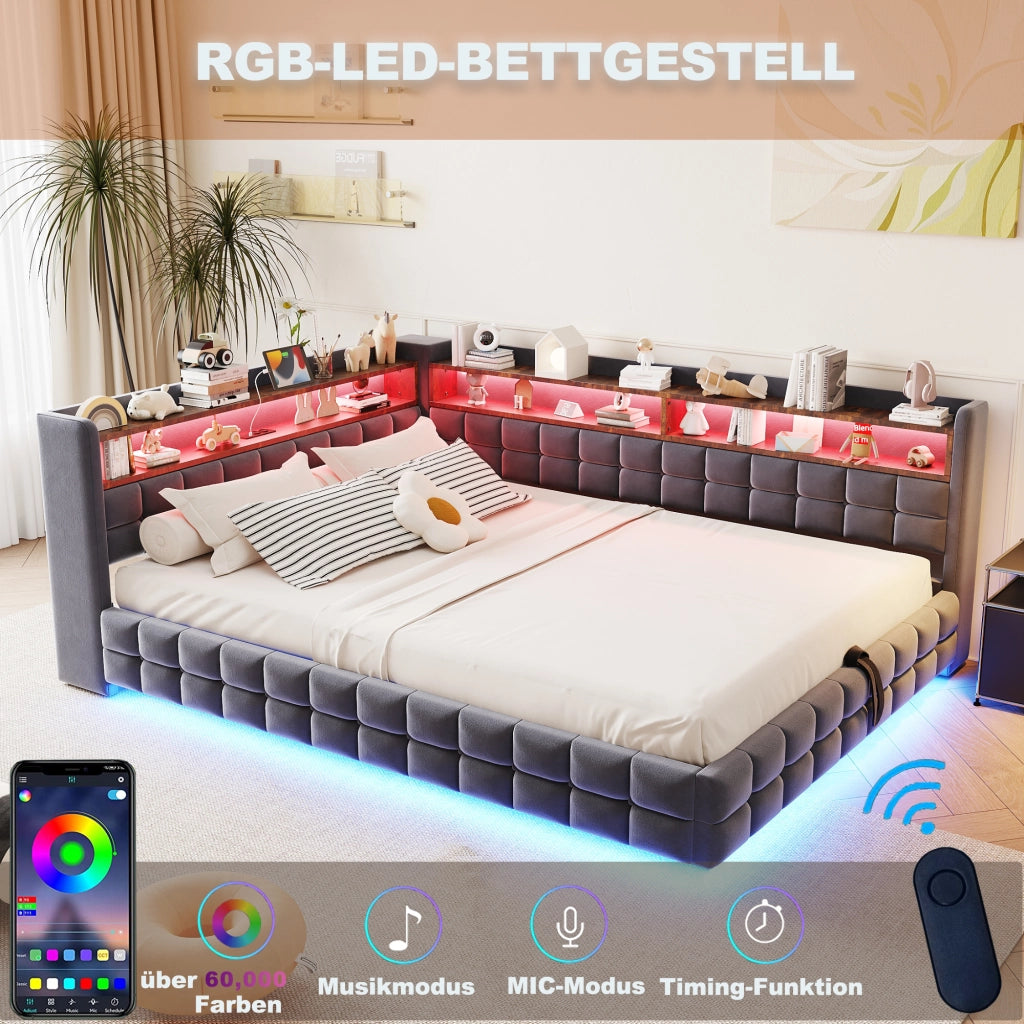 Divano letto multifunzionale in velluto grigio scuro 140x200 vano ripiano LED USB