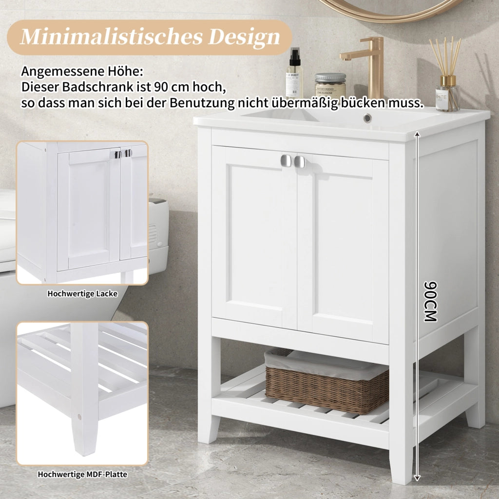 Mobile bagno a pavimento con lavabo in ceramica; bianco; legno massello e MDF