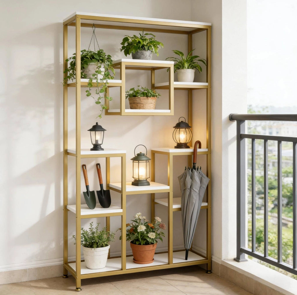 Libreria geometrica autoportante oro e bianco con 11 ripiani