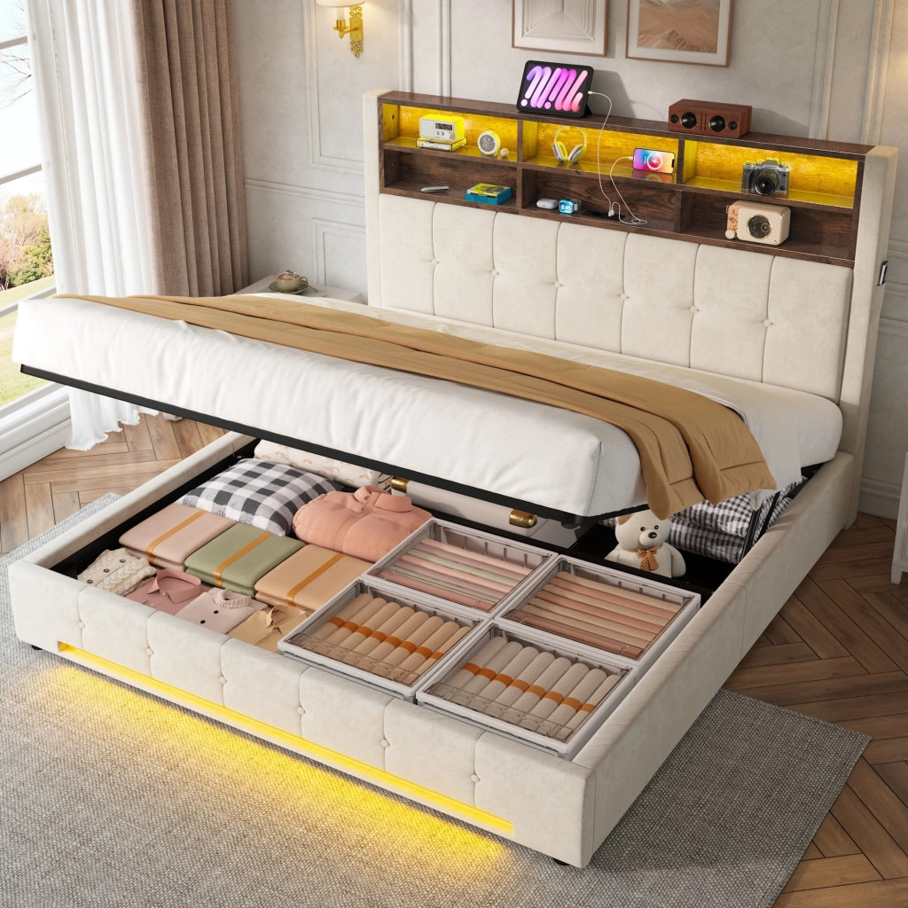 Letto imbottito 180 × 200 cm con contenitore idraulico testiera multifunzione USB-C LED velluto beige