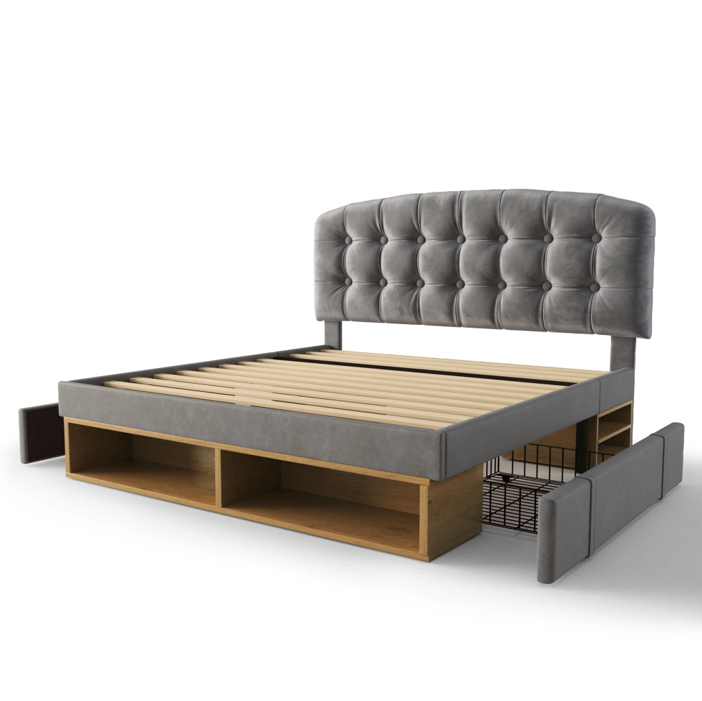 Letto matrimoniale imbottito 140x200 cm in velluto grigio con testiera regolabile, rete a doghe e cassetti contenitori