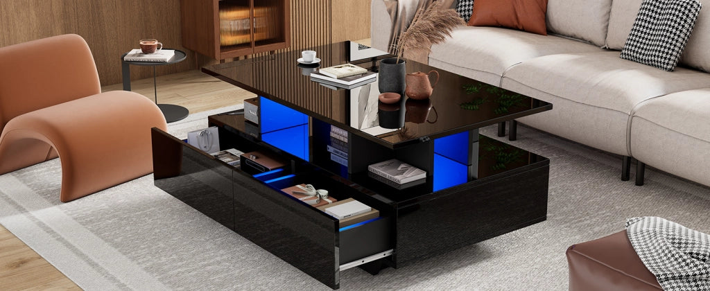 Tavolino moderno lucido 90x55x41 cm con illuminazione LED e 2 cassetti, portata 30 kg
