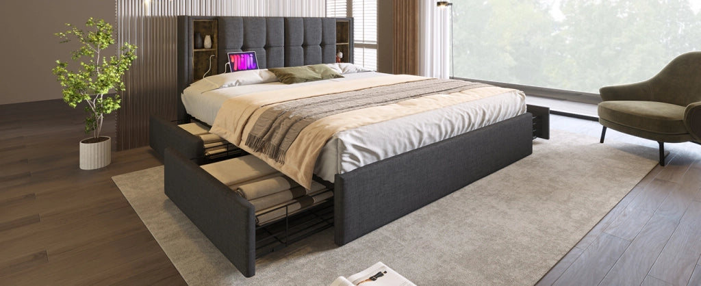 Letto Matrimoniale 160x200 cm con Ricarica Wireless USB-C, 4 Cassetti e Testiera in Lino Grigio Senza Materasso