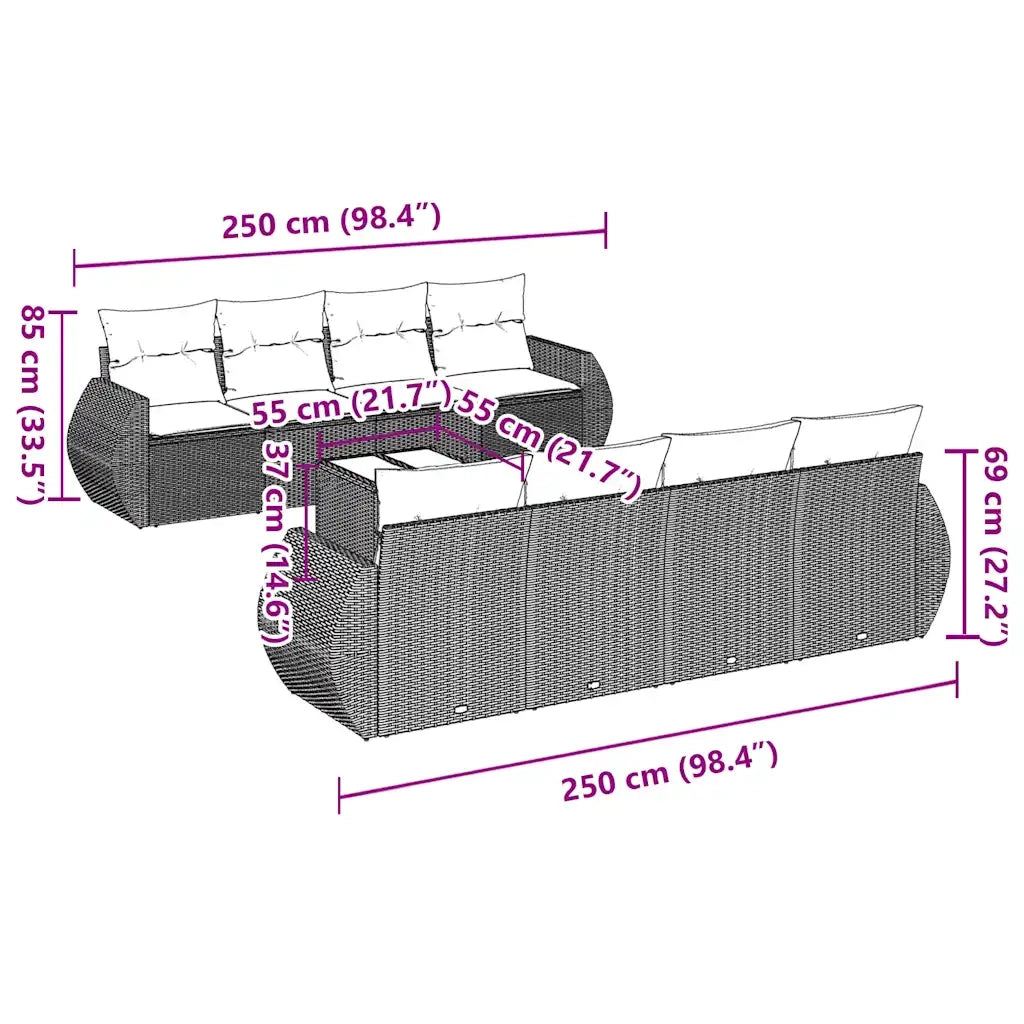 Set Divani da Giardino 9 pz con Cuscini Nero in Polyrattan