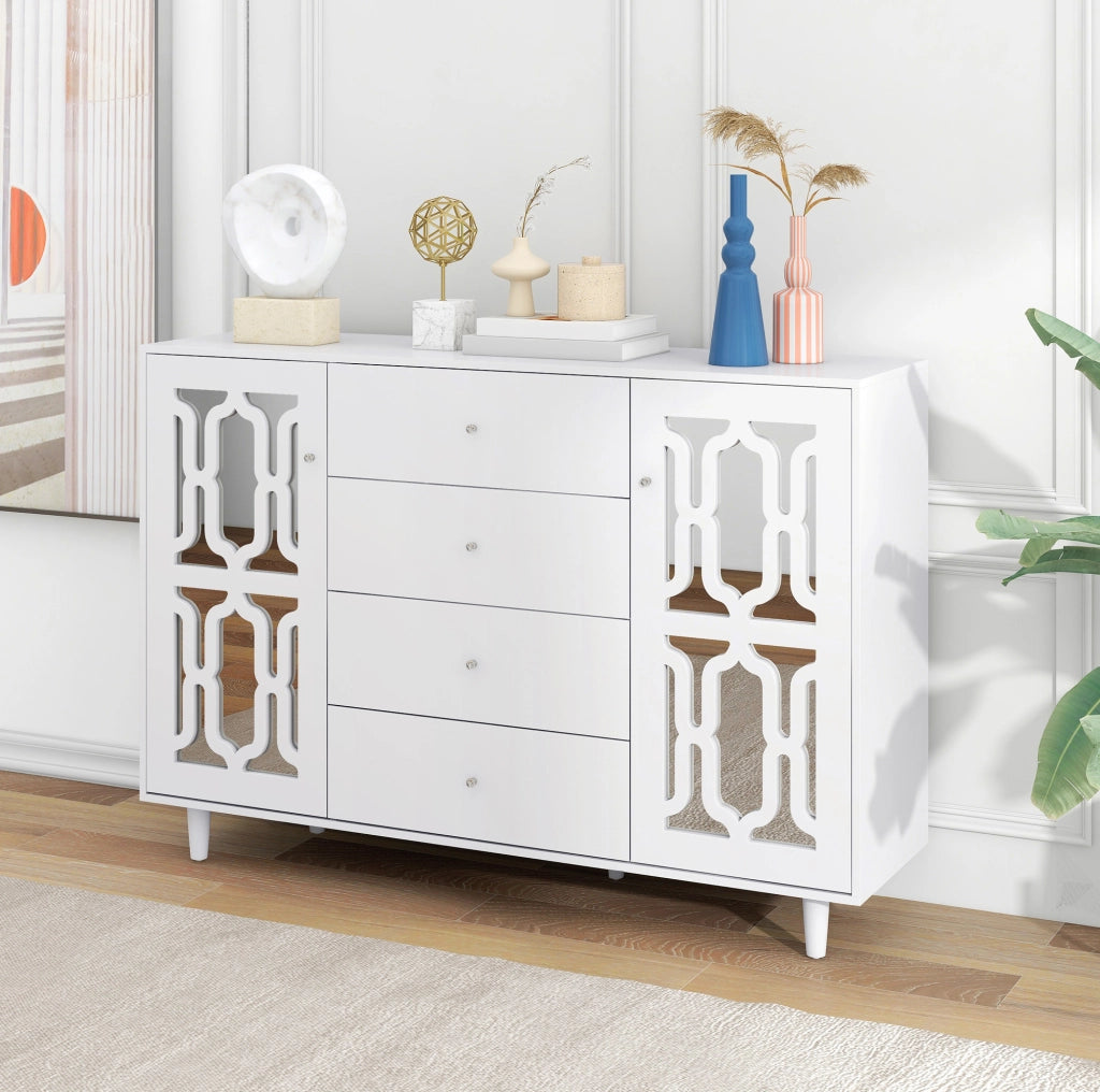 Madia bianca con ante a specchio; 4 cassetti; 147;5 x 40 x 102 cm; in MDF