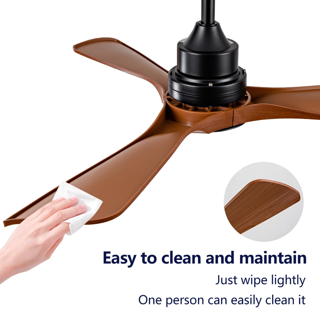 Ventilatore da soffitto con luce LED integrata; motore DC reversibile; pale in ABS nero e noce scuro