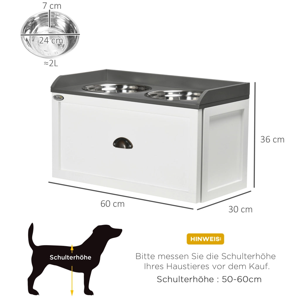 Stazione pappa rialzata per cani grandi con cassetto da 21 l e 2 ciotole in acciaio inox bianche da 2 l