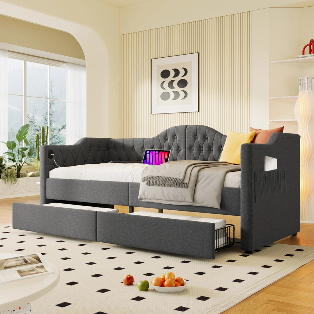 Letto da giorno imbottito 90x200 cm con 2 cassetti; USB e Type-C; lino grigio