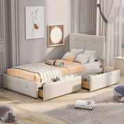 Letto imbottito 90 x 200 cm beige con rete a doghe e 2 cassetti, senza materasso