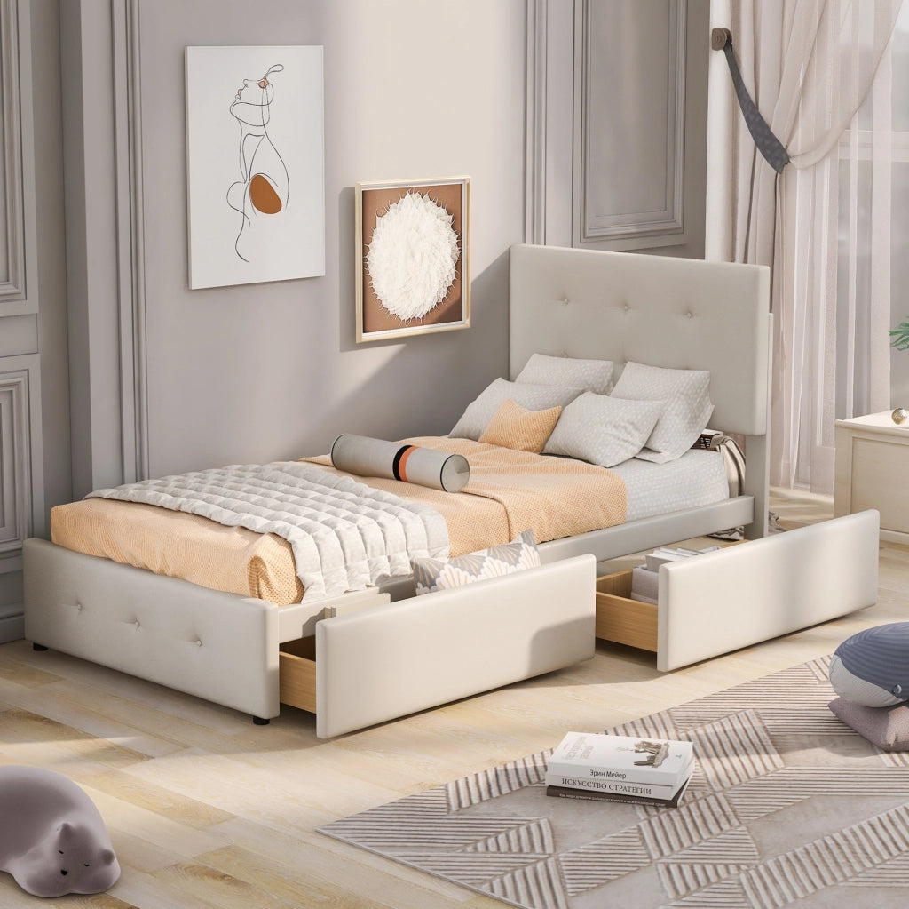 Letto imbottito 90 x 200 cm beige con rete a doghe e 2 cassetti, senza materasso