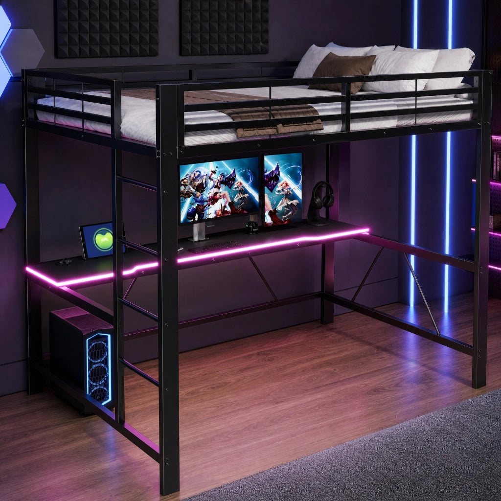 Letto a soppalco 140 × 200 cm con scrivania e LED in metallo e MDF nero con 24 doghe e sponde rialzate