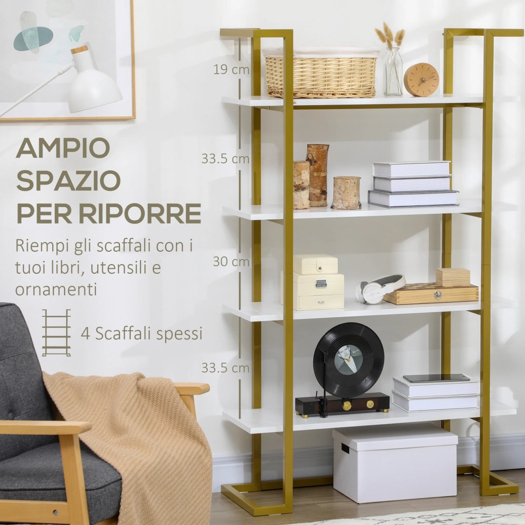 Scaffale libreria a 4 livelli in MDF e acciaio, mobile multiuso per casa e ufficio, design moderno, 92x35x152cm, bianco e oro