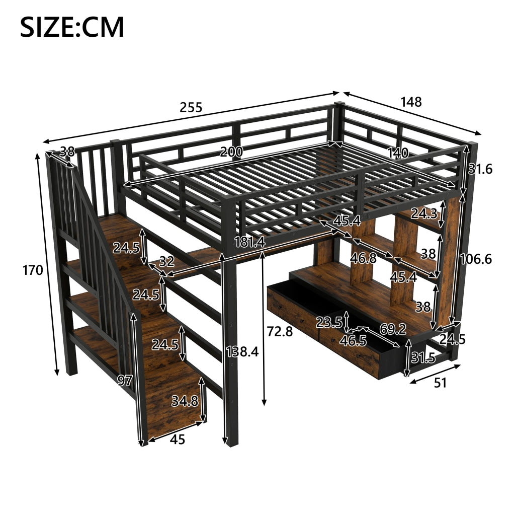 Letto a soppalco ULEVR 140x200 cm con scrivania, libreria, 2 cassetti, scala contenitore e LED, nero