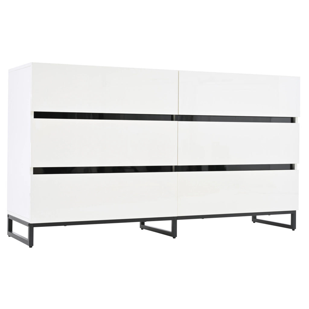 Credenza soggiorno 140 cm con 6 cassetti; finitura lucida bianca e gambe in metallo nero HOMVRA