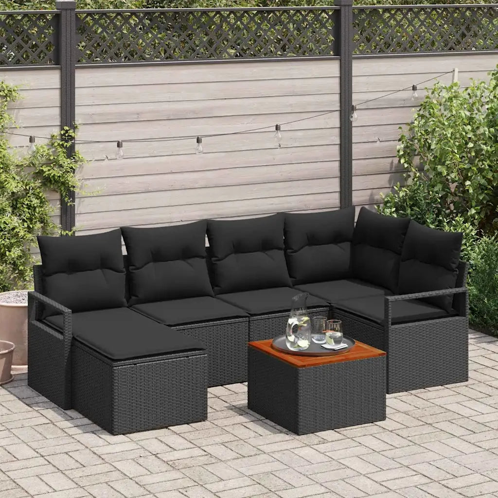 Set Divano da Giardino con cuscino 7 pcs Nero polyrattan