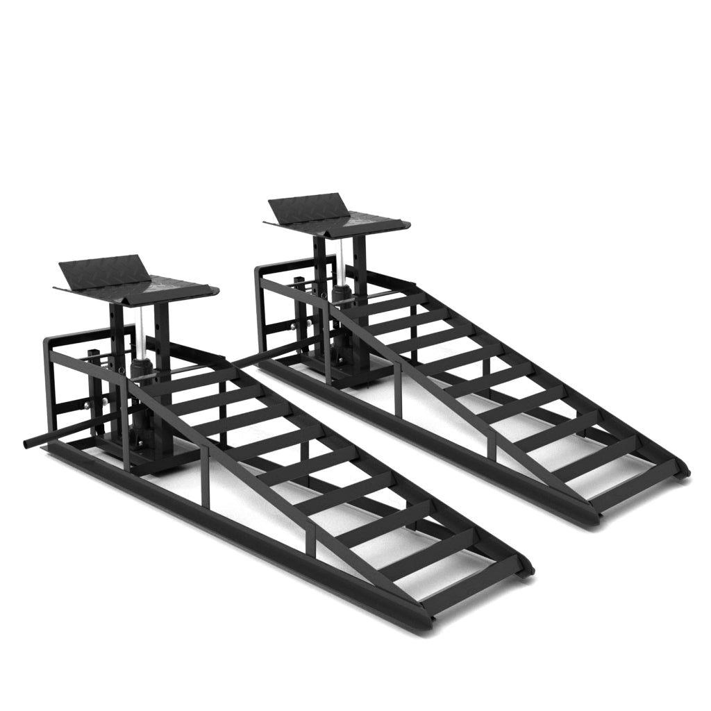 Rampa di sollevamento idraulica per auto 2 pezzi con ruote retrattili capacità 5060 kg altezza 23–36 cm nera