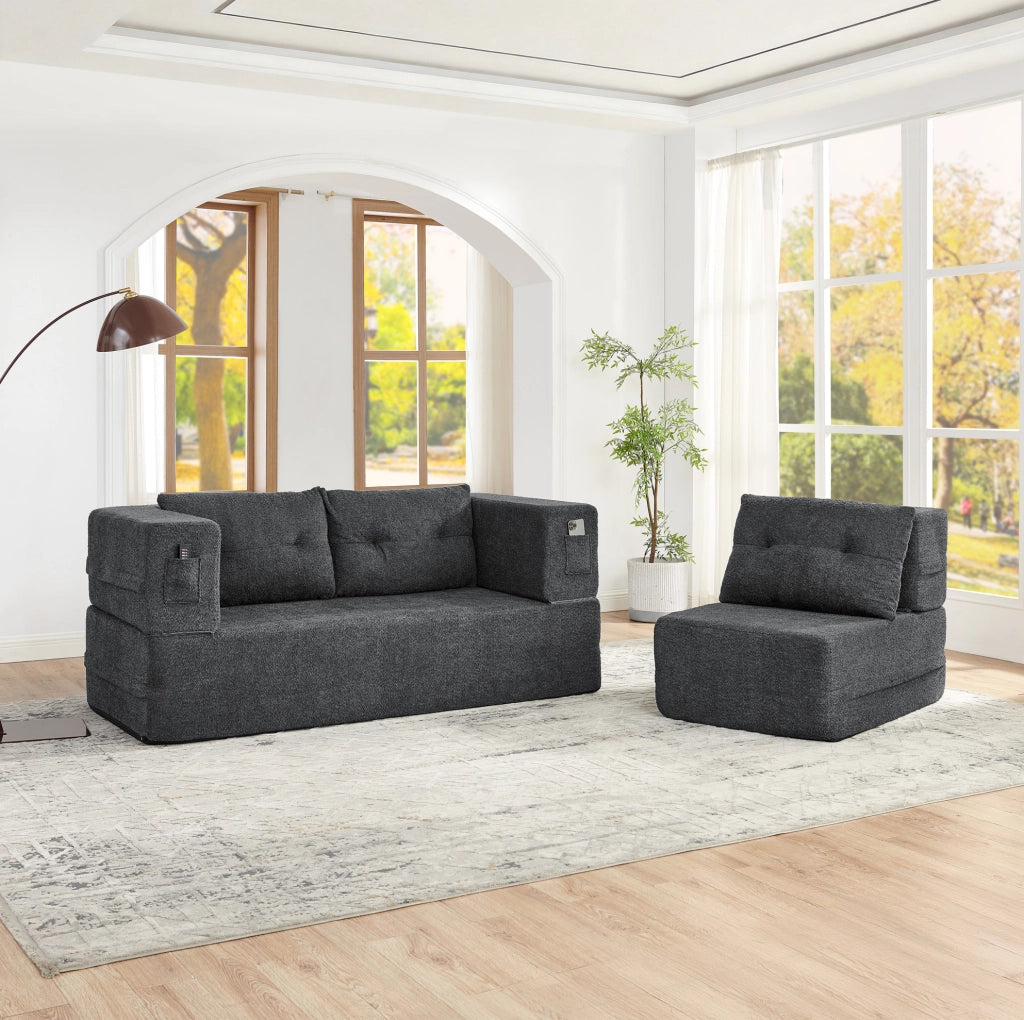Divano Modulare 2 posti con Poltrona Trasformabile in Letto, Memory Foam, Tessuto Grigio Chiaro, con Tasche Laterali