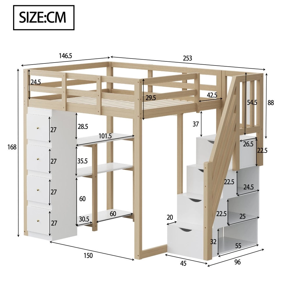 Letto a soppalco con cassetti ¨C Minimal ¨C 140x200 cm legno massello pino colore legno
