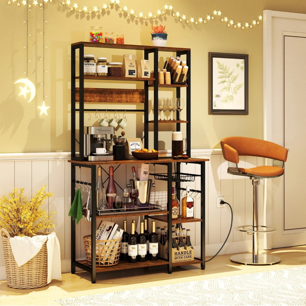 Scaffale da cucina stand per microonde a 6 ripiani con ripiani aperti, Scaffale da cucina con stazione di ricarica Marrone-Organizzazione della cucina