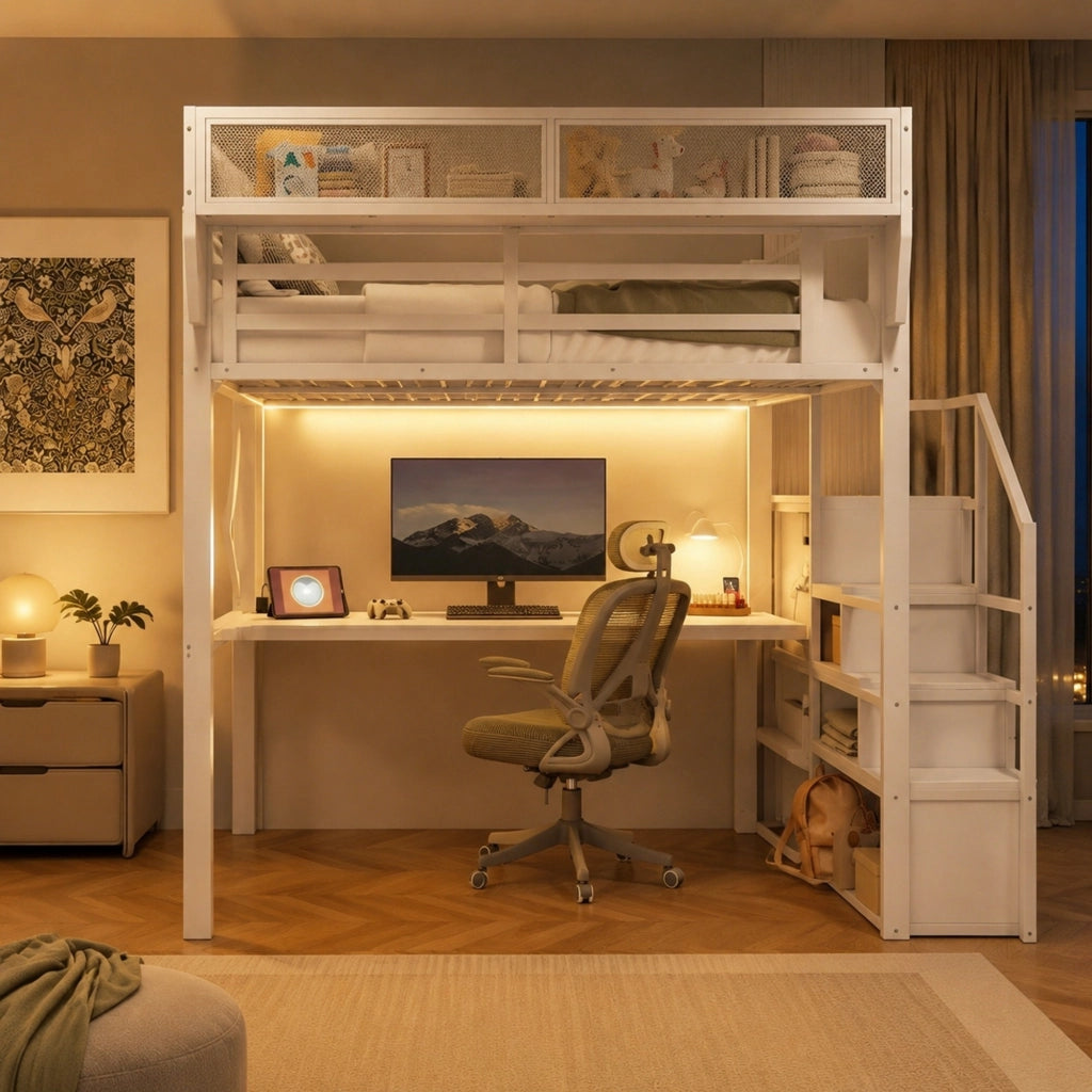 Letto a soppalco 140 × 200 cm con scrivania da 2 m LED scaffale regolabile in metallo e MDF bianco