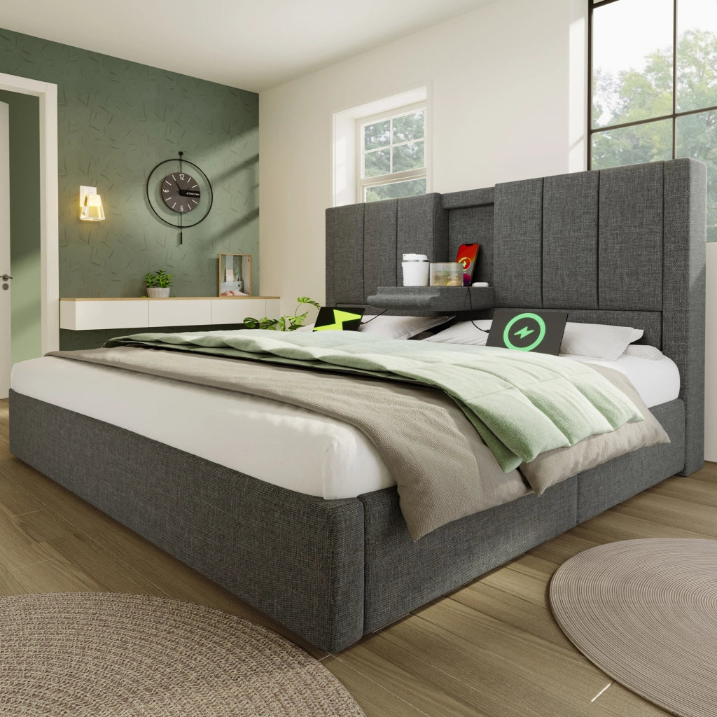 Letto matrimoniale imbottito 180 × 200 cm con contenitore idraulico lino grigio ricarica USB e portabicchieri