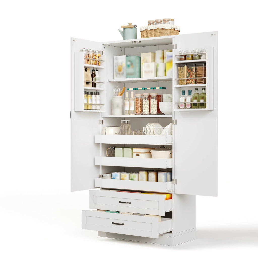Credenza da cucina alta con 3 ripiani estraibili, 2 cassetti e ripiano regolabile, bianca in MDF, 80 × 37,5 × 180 cm