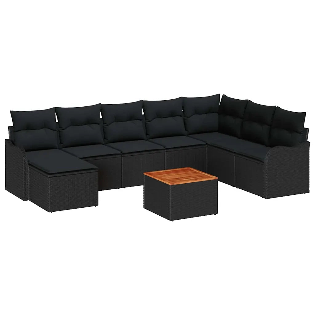 Set Divano da Giardino con cuscino 9 pcs Nero polyrattan