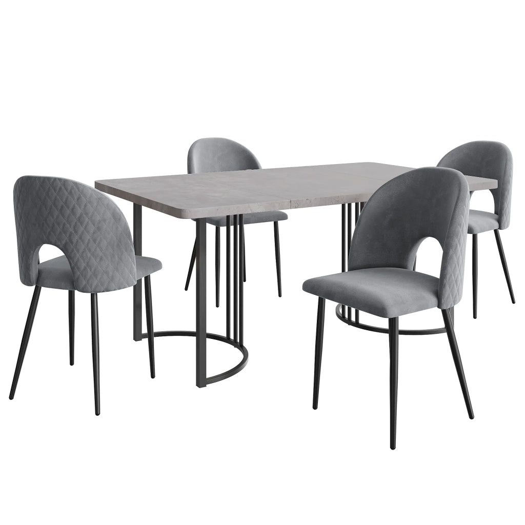 Set tavolo da pranzo 140x80 cm con 4 sedie, piano MDF grigio, gambe nere. Sedie in velluto grigio con motivo a diamante e gambe regolabili