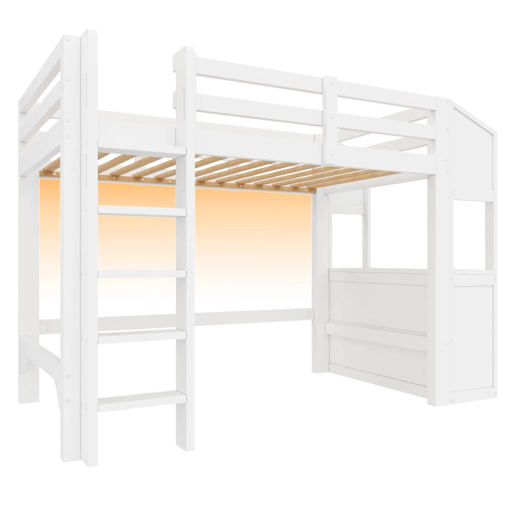 Letto a soppalco 90x200 cm con 6 cassetti e scaffali, illuminazione LED, bianco