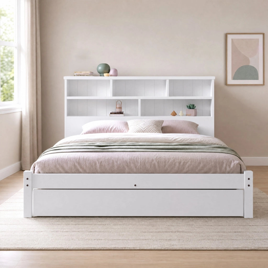 Letto matrimoniale 140x200 cm in legno massello bianco con cassetti e testiera libreria