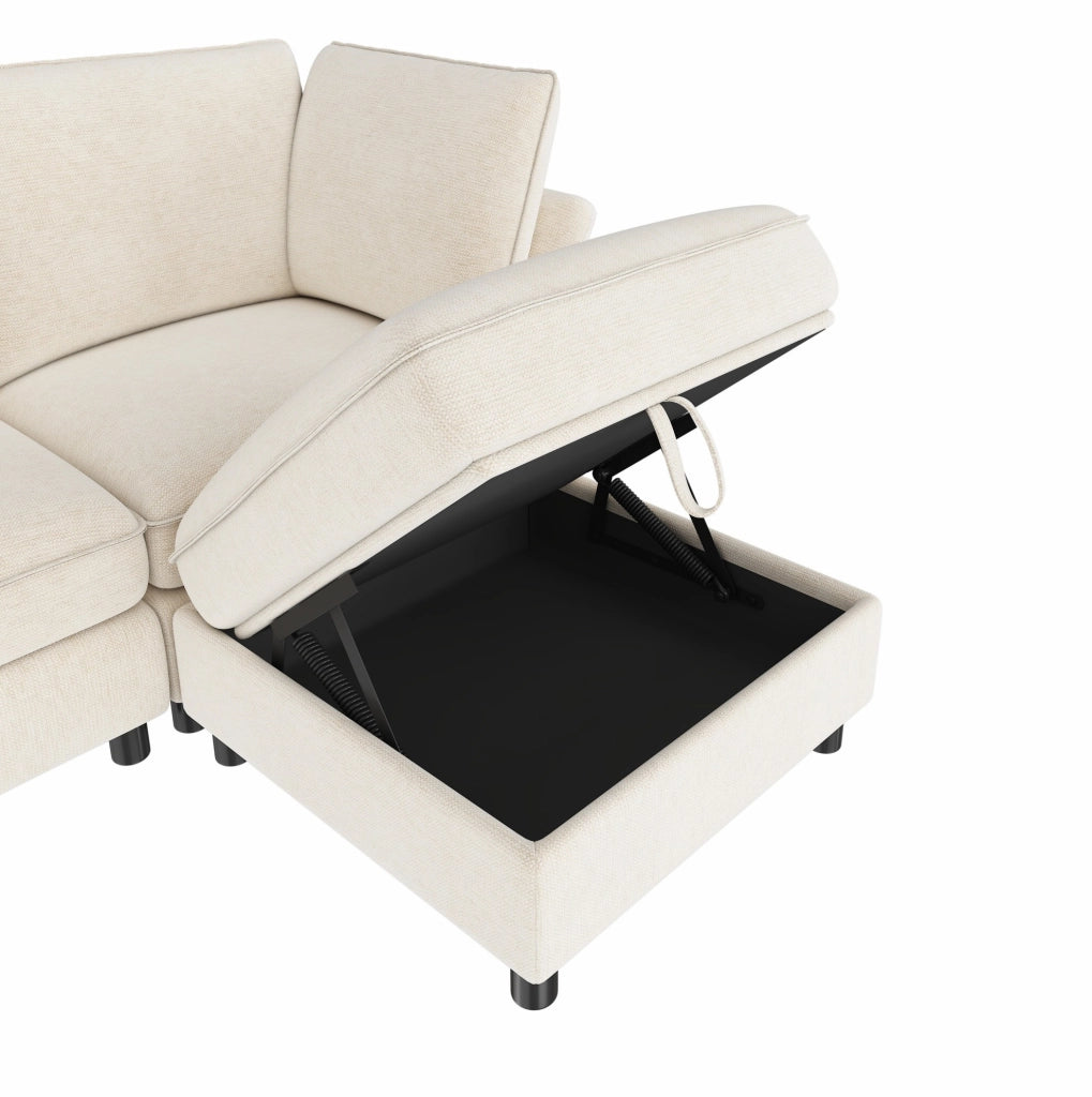 Divano angolare modulare 4 posti con pouf contenitore in ciniglia beige HOMVRA
