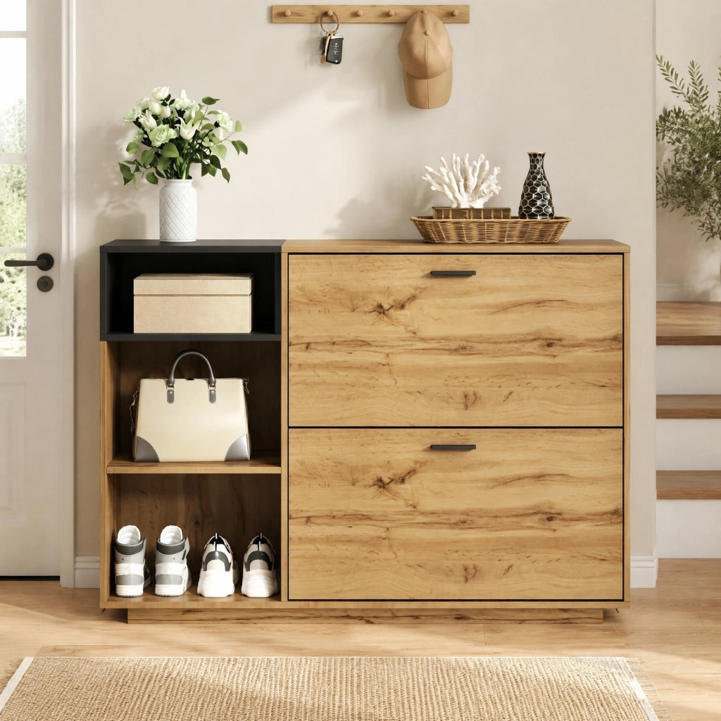 Scarpiera in MDF con 3 vani aperti e 2 scomparti a ribalta; 120 ¡Á 32 ¡Á 84;5 cm; naturale e nero