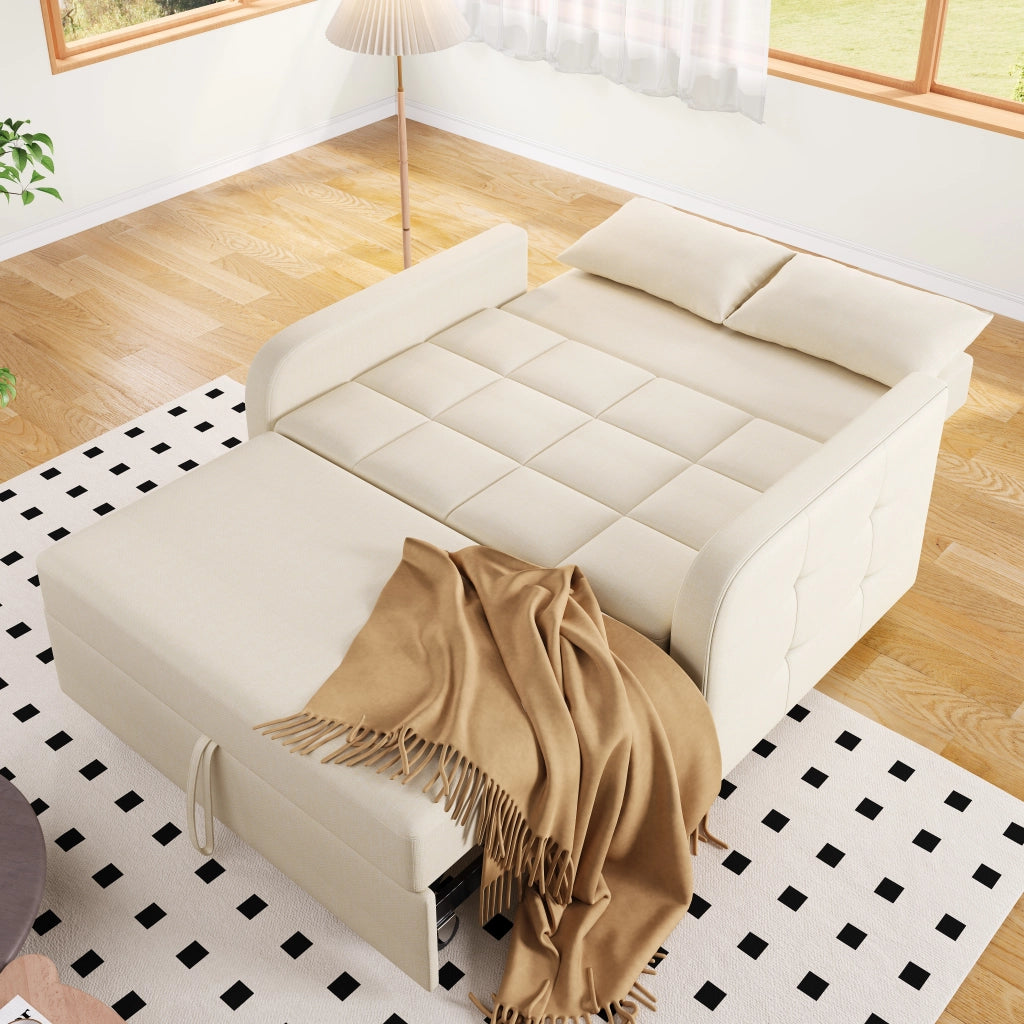 Divano Letto 2 Posti con Schienale Regolabile in 3 Posizioni e 2 Cuscini, Schiuma Beige 127 × 75 × 94 cm