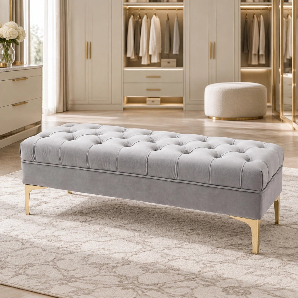 Panca imbottita 118x45x42 cm in legno e metallo con rivestimento in velluto grigio chiaro