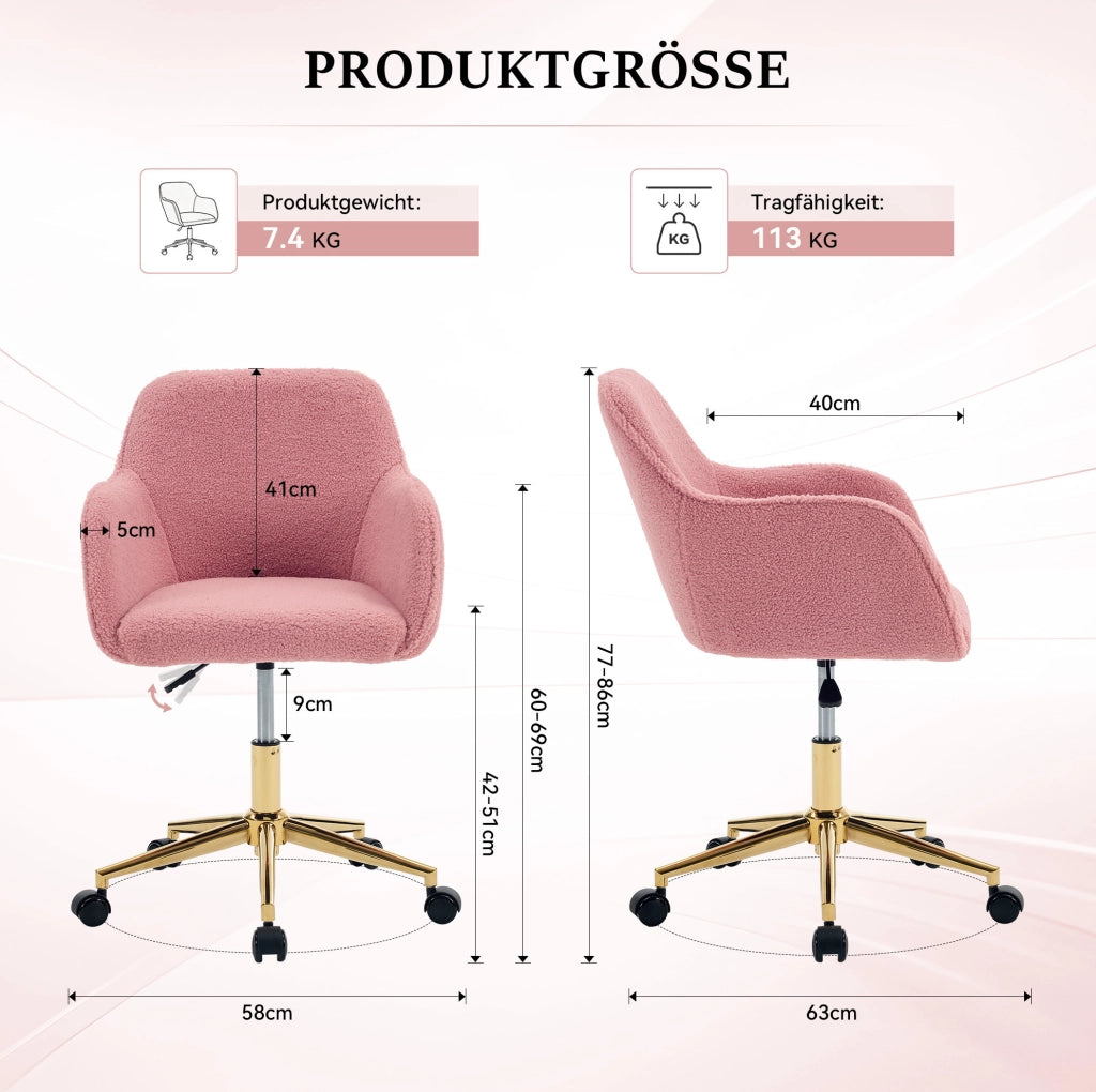 Sedia da ufficio rosa in tessuto teddy regolabile e girevole