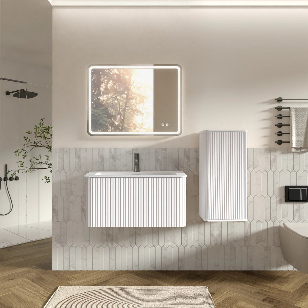 Mobile bagno sospeso con lavabo; colonna laterale e specchio LED regolabile antiappannamento; bianco con righe verticali