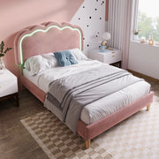 Letto imbottito 90 × 190 cm con rete a doghe testiera regolabile LED in velluto rosa con modalità musica